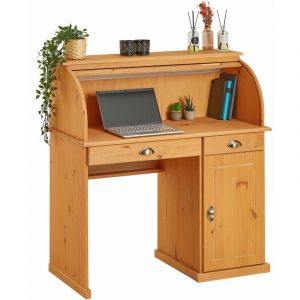 Idimex Bureau secrétaire TOM avec volet roulant rangement 2 tiroirs et 1 porte avec étagère, en pin massif lasuré brun