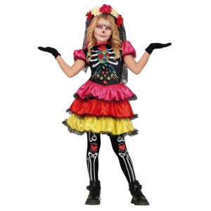 Image de FIESTAS GUIRCA Déguisement Jour des Morts Filles - Robe Squelette Multicolore - Costumes Halloween Filles Âge 3-4 Ans