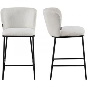 Lot de 2 tabourets de bar en velours côtelé beige, piètement noir - Toma