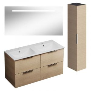 Meuble salle de bain double vasque BURGBAD Olena 120 cm chêne clair + miroir + colonne