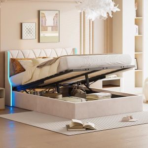 Lit coffre double rembourré 140x190cm, avec sommier à lattes, tête de lit avec barre latérale led, en velours, beige