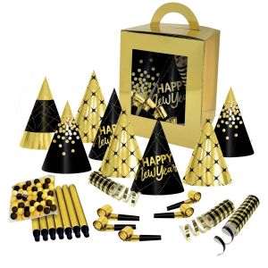 Ruedelafete Kit cotillons boite 10 personnes Or et noir Happy New Year