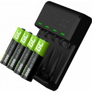 Image de Green Cell VitalCharger Chargeur de batterie + 4 piles AA 2000 mAh pour batterie NI-MH AA AAA R6 R03 Mignon Avec micro USB USB-C Syst&egrave;me de charge 4 canaux Charge de 1 &agrave; 4 AA ou AAA, Signalisation LED