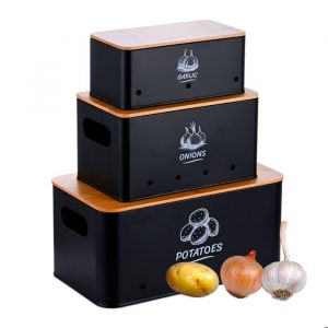 Relaxdays Lot de 3 boîtes de Rangement en métal pour Pommes de Terre, oignons, ail, Couvercle - Noir