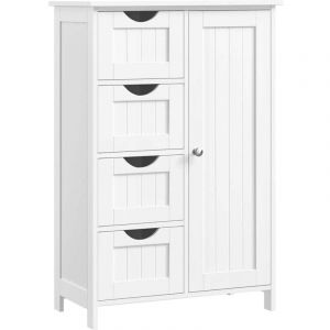 Meuble de salle de bain sur pied 55 x 30 x 81 cm meuble de rangement avec 4 tiroirs porte simple étagère réglable pour salon cuisine et couloir blanc