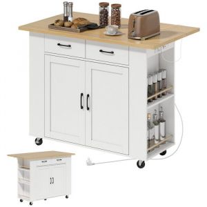Homcom &Icirc;lot de Cuisine - Station de Charge, Plan de Travail Rabattable et Roulettes - Bois - 120 x 71 x 89 cm - Blanc