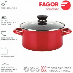 Fagor Casserole Induction 18 cm Acier Émaillé, Antiadhésif sans PFOA, Couvercle Verre Optimax Rouge 00895
