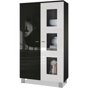 Vitrine Armoire haute Commode Denjo en Noir mat - haute brillance - Porte en Blanc haute brillance sans éclairage led - Porte en Blanc haute