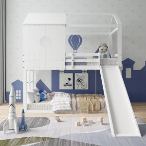 Lit superposé 90x200cm, lit cabane enfant avec échelle et toboggan, antichute, Pin + MDF, blanc