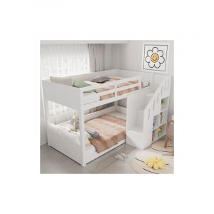Lit superposé enfant 90 x 200 cm, cadre de lit avec escaliers, casiers, balustrade, sans matelas, blanc