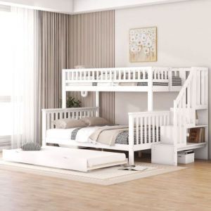 Oem Lit superpos&eacute; 90-140x200cm - PDZZZD - Bois massif - 4 &eacute;tag&egrave;res de rangement - Sommier inclus - Blanc