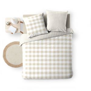 Parure de lit 3 pi&egrave;ces 240 x 220 cm VICTORINE &ndash; Vichy naturel &ndash; Coton 57 fils r&eacute;versible