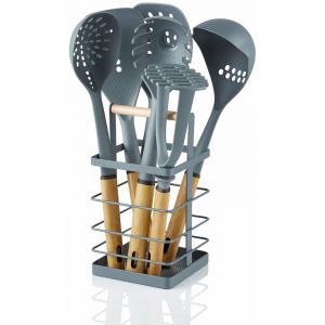 Swan Nordic Nordic Ustensiles de Cuisine en Nylon 6 Pièces + Panier, Poignées Effet Bois Gris - Gris