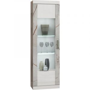 EROS - Vitrine 1 Porte Blanc Eclairage Led intégré avec Décor Latéral Aspect Marbre - Altobuy