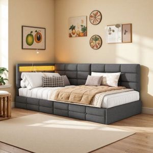 Canap&eacute;-lit LED USB 90x200-Gris Lin Moderne-Meuble Rangement Petit Espace Canap&eacute;-lit transformable avec &eacute;clairage & chargeur