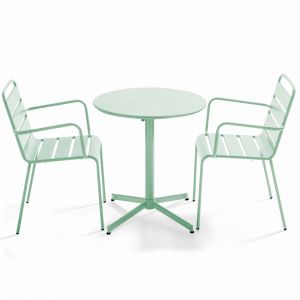 Oviala Palavas - Table de jardin inclinable et 2 fauteuils métal vert sauge - Vert