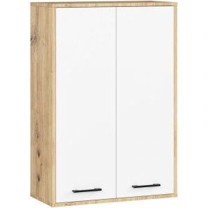 Akord - Armoire salle de bains suspendue fin Chêne Artisan 64 cm 2 portes pleine Blanche 4 étagères 64x30x94 cm