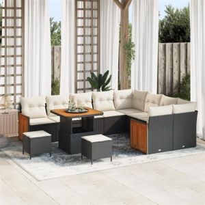 Ensemble de canap&eacute; de jardin 12 pi&egrave;ces avec coussins en poly rattan noir et acacia 3365290