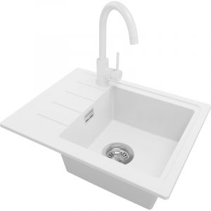 Primagran - Evier Cuisine en Granit 55x44cm, Lavabo 1 bac + Robinet 32x20cm + Kit de Vidage, &Eacute;vier &agrave; Encastrer au meuble 45cm - Copenhague Easy, Blanc
