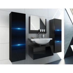 Ensemble 3 meubles de salle de bain noir collection OWL. 2 Colonnes, meuble sous vasque, miroir