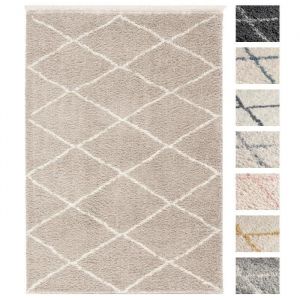 Tapis Shaggy Salon 155 x 230 Beige Dessin Diamant, Tapis Salon Poils Longs Extra Doux