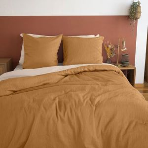Coté Déco Parure de lit Effet Gaze de Coton 220x240 cm Adulte - Housse de Couette + 2 Taies doreiller 63x63 cm bi-matière – (Jaune)