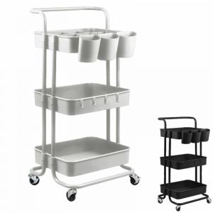 Vivezen - Desserte, chariot de rangement à roulettes avec poignée - 3 étagères - Blanc Blanc