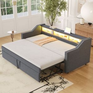 Canap&eacute;-lit convertible enfant 90/180x190 cm, lit gigogne, LED + USB, sommier &agrave; lattes, sans matelas, lin, Gris fonc&eacute;