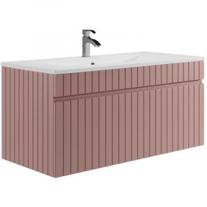 Meuble de salle de bain suspendu strié rose avec vasque à encastrer - 100 cm - SATARA