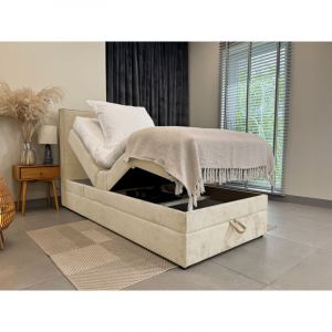 Lit adulte 120x200 SORRENTO - ensemble relaxation &eacute;lectrique, matelas ressorts ensach&eacute;s, rangement, surmatelas en tissu beige