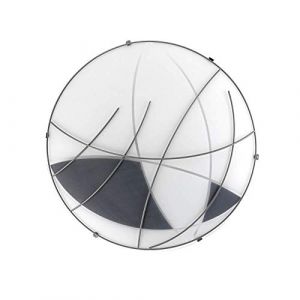 ONLI - Plafonnier rond 40cm en verre satiné blanc et noir avec formes géométriques. Détail décoratif frontal en métal gris
