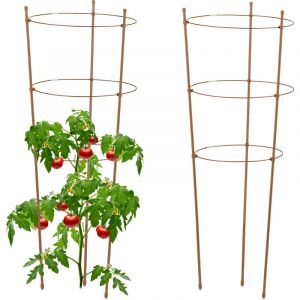 Image de Relaxdays Tuteur &agrave; tomates en lot de 2, m&eacute;tal et plastique, 3 anneaux r&eacute;glables, pour plantes, hauteur : 76 cm, marron