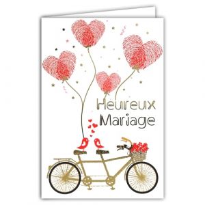 AFIE Carte Félicitations Heureux Mariage - Or Doré Brillant - Enveloppe Incluse - Vélo Fleuri Tandem Oiseaux Amoureux Cœurs Rouges Empruntes Doigts - Fabriquée en France 69-7098