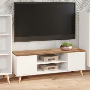 Alter Dmora - Meuble TV avec 2 portes et 1 étagère centrale, Buffet avec pieds, Buffet de salon style scandinave, cm 155x40h49, Couleur Blanc et plateau