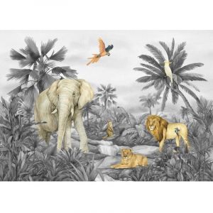 AG ART Poster intissé - animaux de la jungle en noir et blanc - lion, éléphant, perroquet - 155 x 110 cm