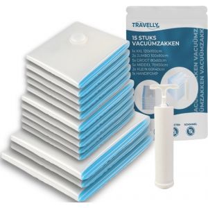 Travelly Vacuum Bags & Travel Bags Set - Clothing Storage & Travel - Airtight - Includes Pump - Reusable - Space-saving - Set of 15 - Transparent