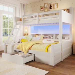 Lit superpos&eacute; 90x200cm+140x200cm - Avec &eacute;chelle et barri&egrave;re de s&eacute;curit&eacute; - 1 tiroir - Lumi&egrave;re LED - Blanc(matelas non inclus)