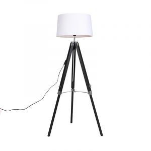 Qazqa Lampadaire noir avec abat-jour en lin blanc 45 cm - Trépied