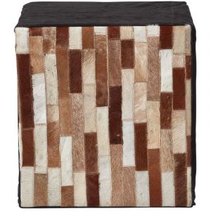 Homescapes Pouf carr&eacute; Cuir &agrave; carreaux Marron et noir 36 x 36 x 38 cm D&eacute;houssable
