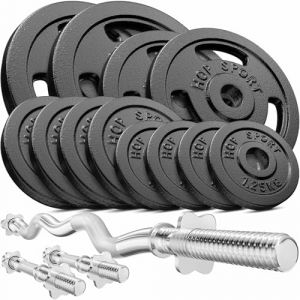 Hop-Sport Set d'Halt&egrave;res en Fonte 57 kg avec Barre SZ-Curl, Barres courtes et Disques de poids ajustables, Fermetures Chrom&eacute;es, Kit de poids pour musculation &agrave; domicile, Ensemble d&rsquo;halt&egrave;res avec poids