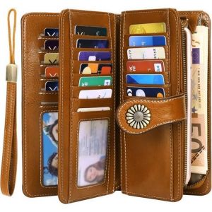 Portefeuille Femme Cuir DARMOWADE - RFID Blocage - 24 Cartes - Fermeture Eclair - Marron