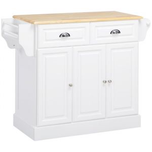 Homcom Îlot de cuisine desserte à roulettes - 2 tiroirs, 3 portes, porte-serviette, porte-épices - dim. 110L x 45l x 91H cm - blanc bois