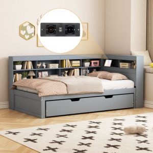 Modernluxe - Lit banquette 90x200cm en bois - avec lit gigogne 90x190cm et prise usb - 10 compartiments - Gris