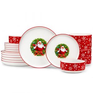 Service de Table MALACASA Série LUNA 18 Pièces pour 6 Personnes - Porcelaine Rouge Noël