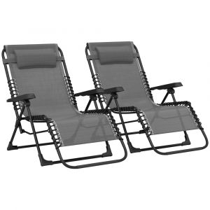 Outsunny Lot de 2 chaises longues pliables z&eacute;ro gravit&eacute; coussin t&eacute;ti&egrave;re amovible m&eacute;tal &eacute;poxy textil&egrave;ne gris