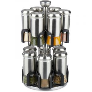 Image de Relaxdays Carrousel à épices, 12 pots, acier inoxydable & verre, rotatif, support à herbes, lave-vaisselle, argenté/noir