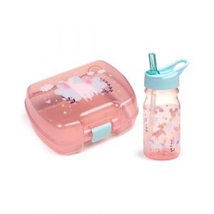 Puckator Set porte-go&ucirc;ter rose pour fille (bo&icirc;te &agrave; d&eacute;jeuner pour nourriture et bouteille d'eau avec paille) - magie de la licorne et arc-en-ciel, sans BPA