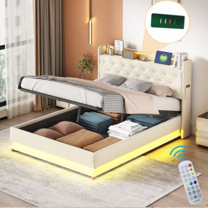 Lit coffre rembourré avec LED 140x200 cm - avec Port de chargement USB - en tissu de lin - Beige