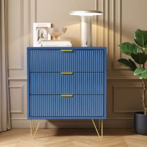 Commode &agrave; 3 Tiroirs, Manche et Pieds Couleurs Dor&eacute;es, 60 x 40 x 70 cm, pour Chambre, Salon, Bureau, Bleu Profond