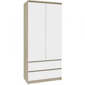 Image de Hucoco BIANCA Armoire contemporaine chambre dressing 180x90x51cm Meuble de rangement Penderie multi fonction 2 tiroirs ma/Blanc